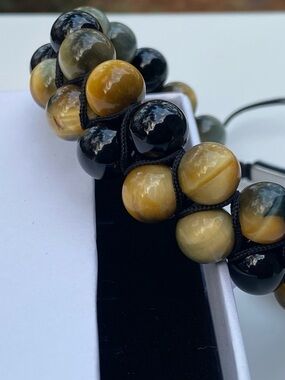 Tiger Eye and Black Bead Adjustable Bracelet